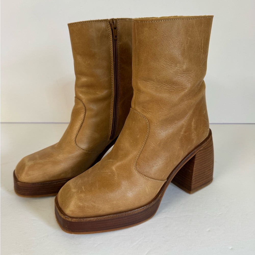 Free People Tan Leather Platform Heeled Boots
